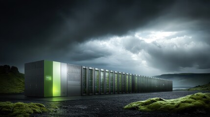 Futuristic Data Center with Green Lights under Stormy Sky