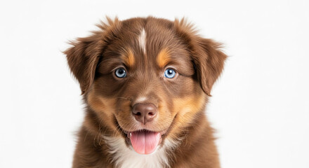Fototapeta premium Brown puppy with blue eyes, tongue out, on white background. Adorable pet image, ideal for pet-related websites or blogs, showcasing pure joy and innocence