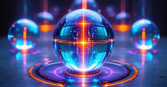 Glowing spheres rest upon platform. Blue, orange light creates futuristic scene. Dramatic illumination highlights spherical forms.