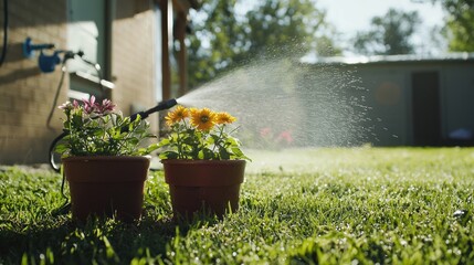 Watering potted flowers garden