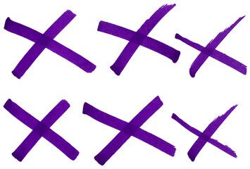 Obraz premium Hand drawn purple cross marks set with marker brush strokes, abstract ink X symbols collection for wrong choice, error, cancel, rejection, doodle sketch isolated simple signs on transparent background