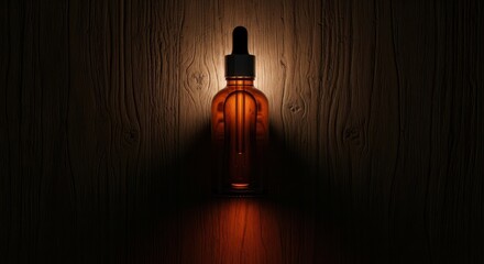 Amber Glass Dropper Bottle with Rich Liquid Illuminated Against a Dark Textured Background