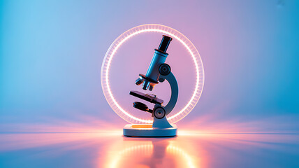 Microscope illuminated by a glowing circular light against a gradient blue and pink background
