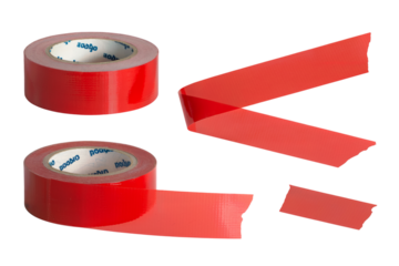 Red tape rolls and samples, a study in adhesive and application isolated on white background