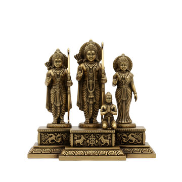 Traditional Ram Darbar idol miniature (Ram, Sita, Lakshman, Hanuman) isolated.