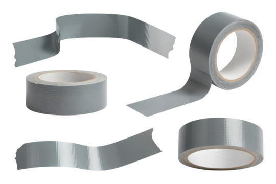 Variety of gray duct tape rolls and strips arranged creatively isolated on white background - Powered by Adobe