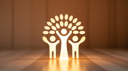 Illuminated paper cutout of three figures forming a tree with glowing leaves on a wooden surface