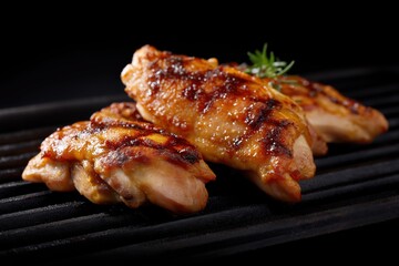 Fototapeta premium Grilled chicken thighs on iron grill with rosemary garnish