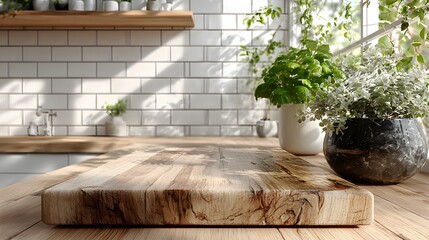 Clean, simple kitchen scene featuring an empty wooden butcher block countertop and a background of white tiles with soft sunlight casting shadows.
