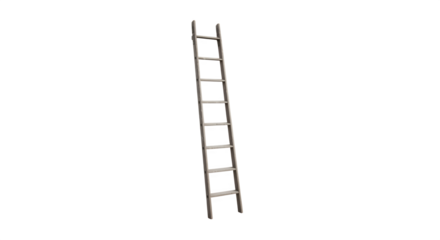 A simple dark gray ladder leaning against a white background.