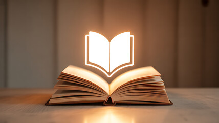 Open book with glowing illuminated outline of a book above it on wooden surface
