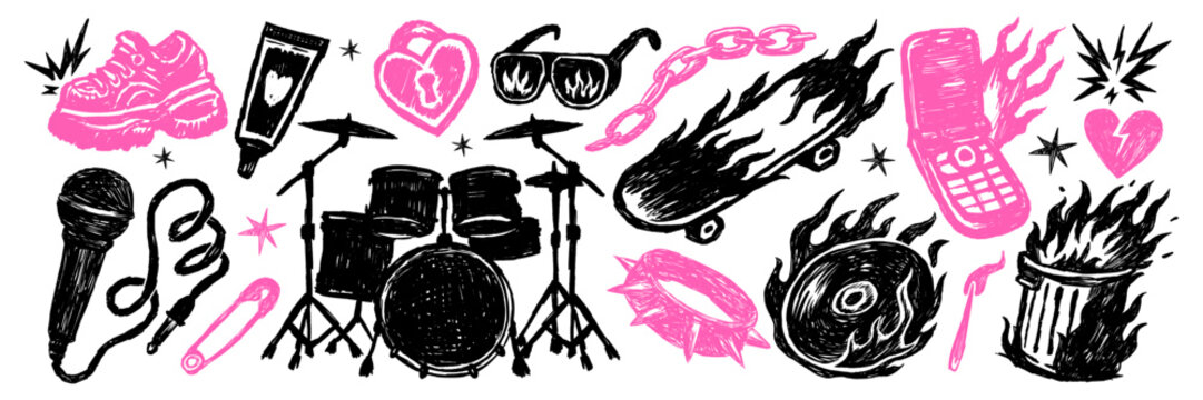 Sketch punk rock set with sneakers, microphone, drums, skateboard, sunglasses, hearts, phone, collar, safety pin in scribble crayon