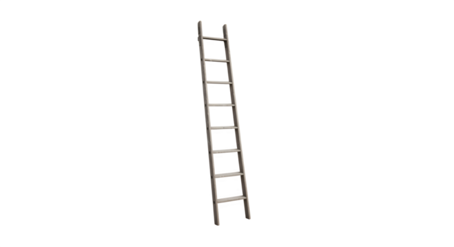 A simple dark gray ladder leaning against a white background.