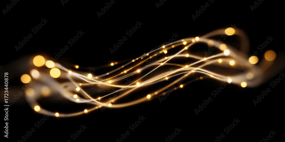 Poster glowing golden light trails on black background with sparkling abstract pattern