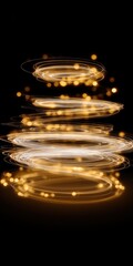 Abstract spiral of golden light rings with glowing orbs against black background