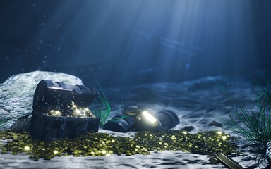 Underwater Treasure Chest Filled with Gold Coins and Jewels Hidden in Deep Ocean Pirate Shipwreck Fantasy Adventure Scene 3D Rendering