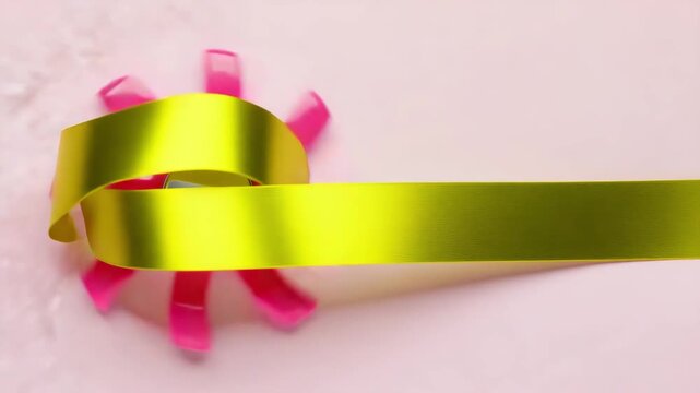 A pink fidget spinner with silver center on a light pink background in a studio shot overhead view