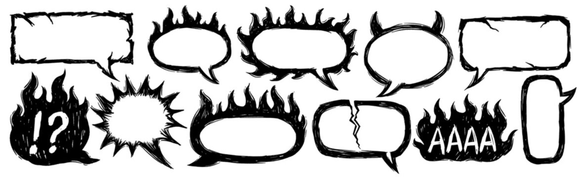 Flaming doodle speech bubbles set in scribble sketch crayon style, comic frames with fire effect spooky Halloween illustration for text and dialogue decoration