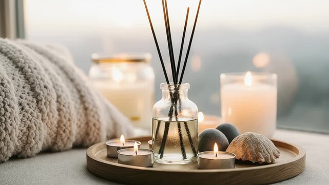 Cozy spa atmosphere with candles, aromatic diffuser, and soft blanket in calm light