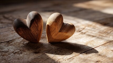 woodwork. Two wooden heart carvings on a rustic table with soft sunlight and delicate shadows. lifestyle magazines, social media lookbooks, designed for influencer and brand collaborations.
