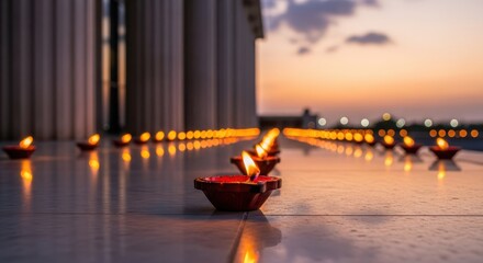 Row of small earthen oil lamps lit at dusk illuminating a reflective floor