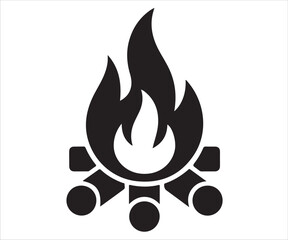 Black silhouette of campfire icon with flames and wood logs symbolizing camping and survival