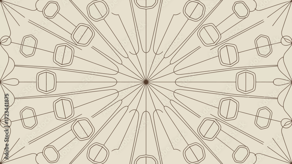 Poster geometric pattern featuring radiating lines and stylized shapes in a symmetrical arrangement design