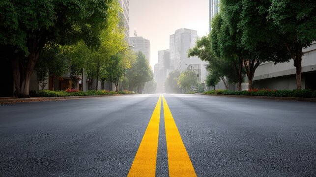 Serene Urban Street Scene in the Early Morning with Lush Green Trees and Modern Buildings Creating a Tranquil, Inviting Atmosphere in the City