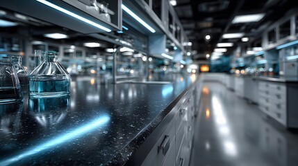 Obraz premium Clean, modern science laboratory with a dark, reflective countertop in the foreground and softly blurred high-tech equipment in the background.