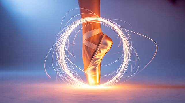 Ballet dancer's foot in pointe shoe with glowing light trails against a soft blue background
