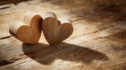 woodwork. Two wooden heart carvings on a rustic table with soft sunlight and delicate shadows. lifestyle magazines, social media lookbooks, designed for influencer and brand collaborations.