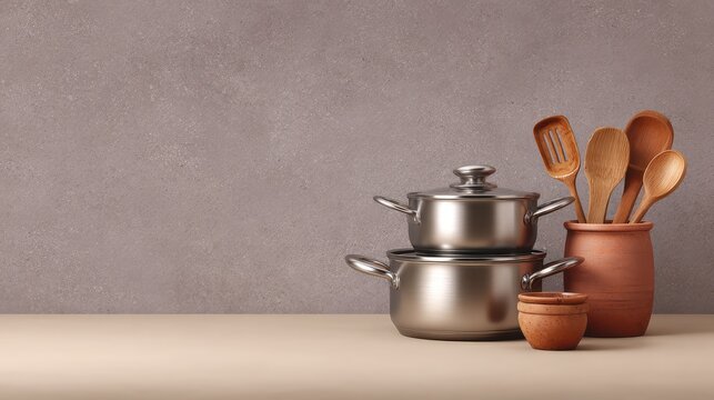 Elegant Arrangement of Kitchen Cookware with Metal Pots and Wooden Utensils on a Neutral Background for Culinary and Home Design Visuals