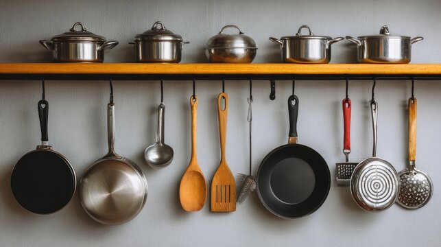 Stainless Steel Cookware Arrangement on Wooden Shelf with Kitchen Utensils and Tools for Cooking and Culinary Preparation in Modern Kitchen Interior Design