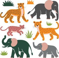 Fototapeta premium Leopard, Cheetah, Panther, Elephant vector on white background