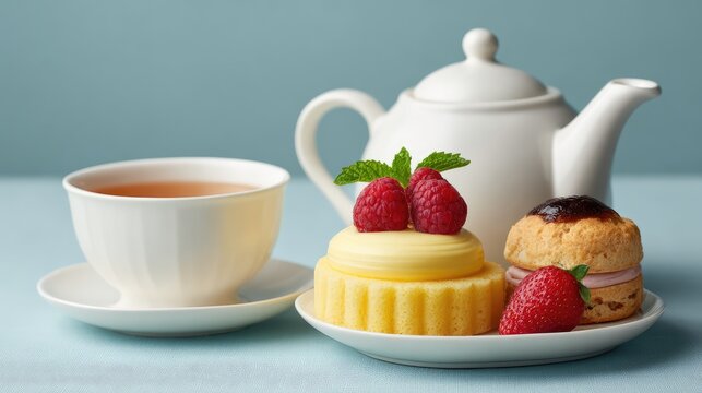 Delicious Afternoon Tea Set with Raspberry Tart, Strawberry Treat, and Elegant Teapot on Soft Blue Background for Cozy Moments and Special Occasions
