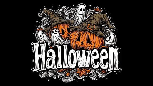 Halloween lettering and illustrations of ghost and pumpkins in witch hats in leaves. Signboard, introduction, logo on black background in retro, vintage style