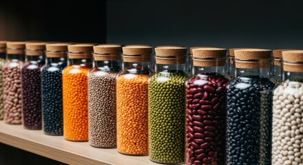 Assorted Legumes Stored in Glass Jars Lined Up on Shelf