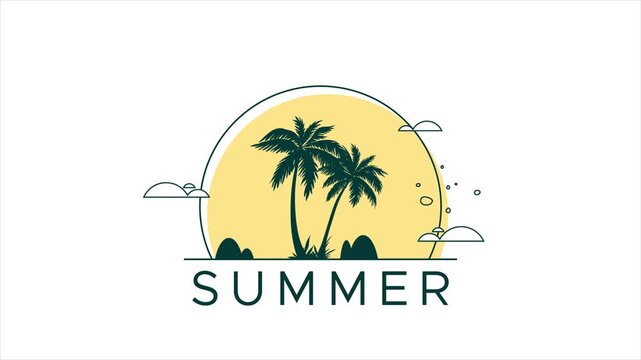 Minimalist summer animation with palm trees and sunset. A tropical beach scene featuring sun, clouds, and clean modern lines, perfect for holiday, travel, or seasonal video projects. Animated summer