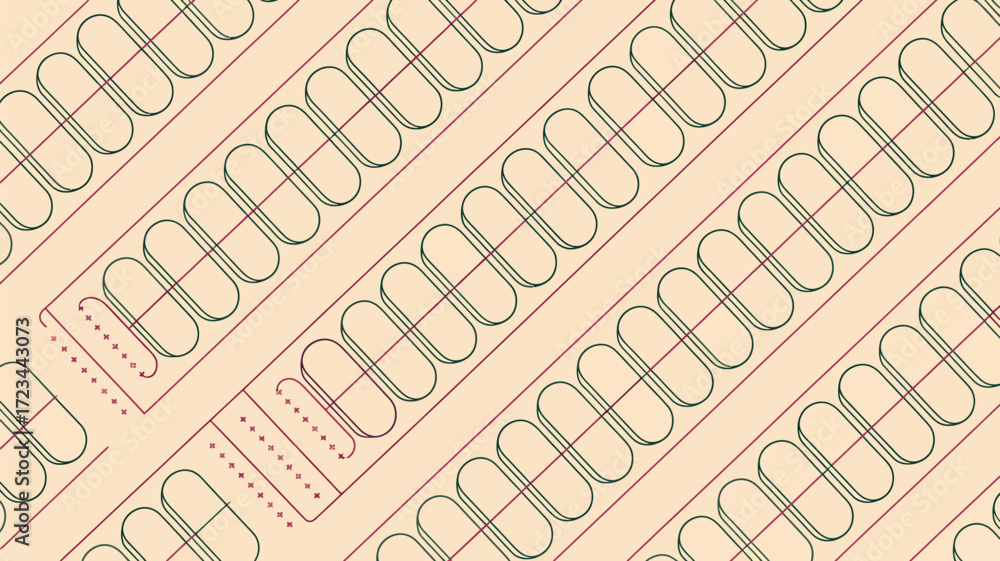 Poster a pattern of elongated shapes with green outlines and red lines on a beige background repeated diago