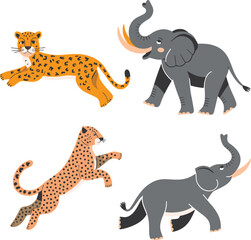 Leopard, Cheetah, Panther, Elephant vector on white background