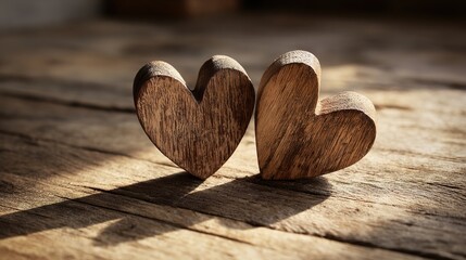 woodwork. Two wooden heart carvings on a rustic table with soft sunlight and delicate shadows. lifestyle magazines, social media lookbooks, designed for influencer and brand collaborations.