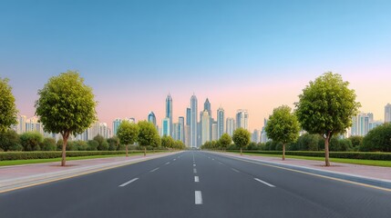Fototapeta premium Expansive City Skyline with Modern Architecture at Dusk, Lined by Green Trees and Empty Road Leading into Vibrant Urban Landscape Under a Clear Sky
