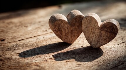 woodwork. Two wooden heart carvings on a rustic table with soft sunlight and delicate shadows. lifestyle magazines, social media lookbooks, designed for influencer and brand collaborations.