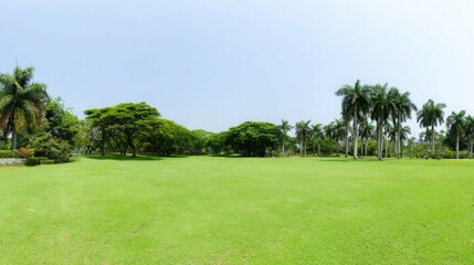 fairway. Vast green golf course under bright sunlight, capturing the tranquility of open landscapes. travel magazines, destination branding, designed for outdoor magazines and nature guides.