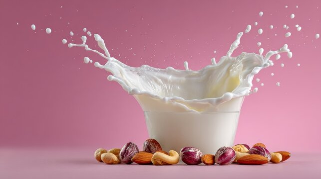 Milk splash captured in a clear bowl surrounded by a variety of nuts, including almonds and cashews, against a vibrant pink background, showcasing dynamic movement and freshness in food photography