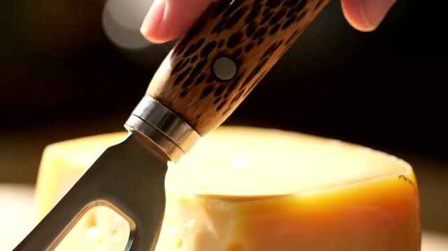 A close-up shot of a cheese knife poised above a block of cheese, showcasing craftsmanship and culinary delight.