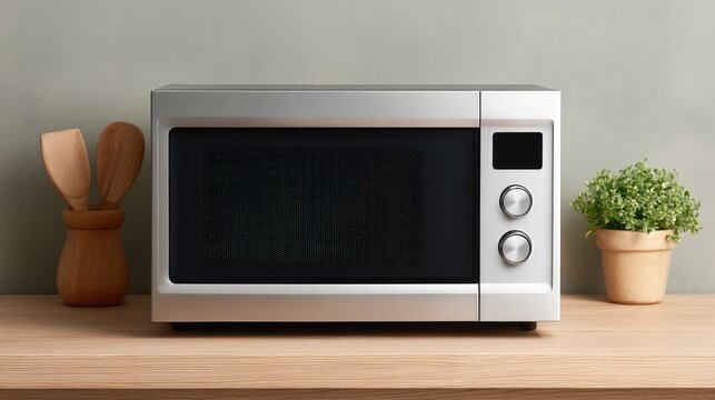 Modern stainless steel microwave on wooden countertop with cooking utensils and fresh herbs in pot, showcasing contemporary kitchen design elements and practicality in food preparation