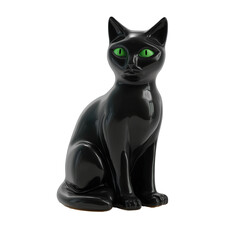 Obraz premium A vintage porcelain black cat figurine sits with an arched back and glowing green eyes, perfectly isolated on a pure transparent background