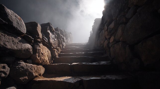 ascent. Stone staircase bathed in sunlight, creating a dramatic contrast with atmospheric haze and a low-angle view. real-estate listings.