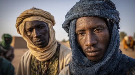 Niger people portrait face challenges with Saharan resilience they are talking together